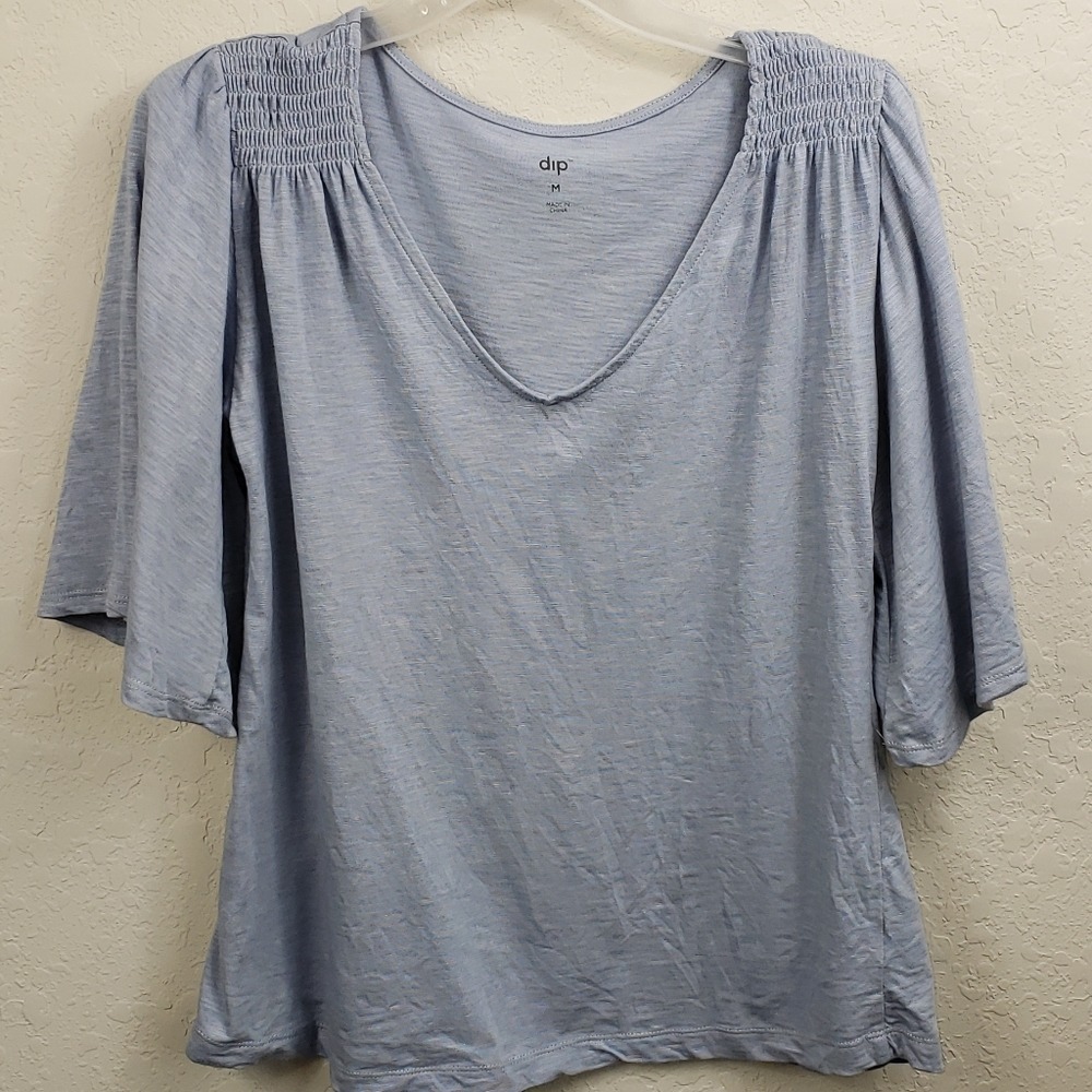 DIP Women's Blue Smocked V-Neck 3/4 Sleeve Casual Tunic Top Size M - Picture 2 of 6